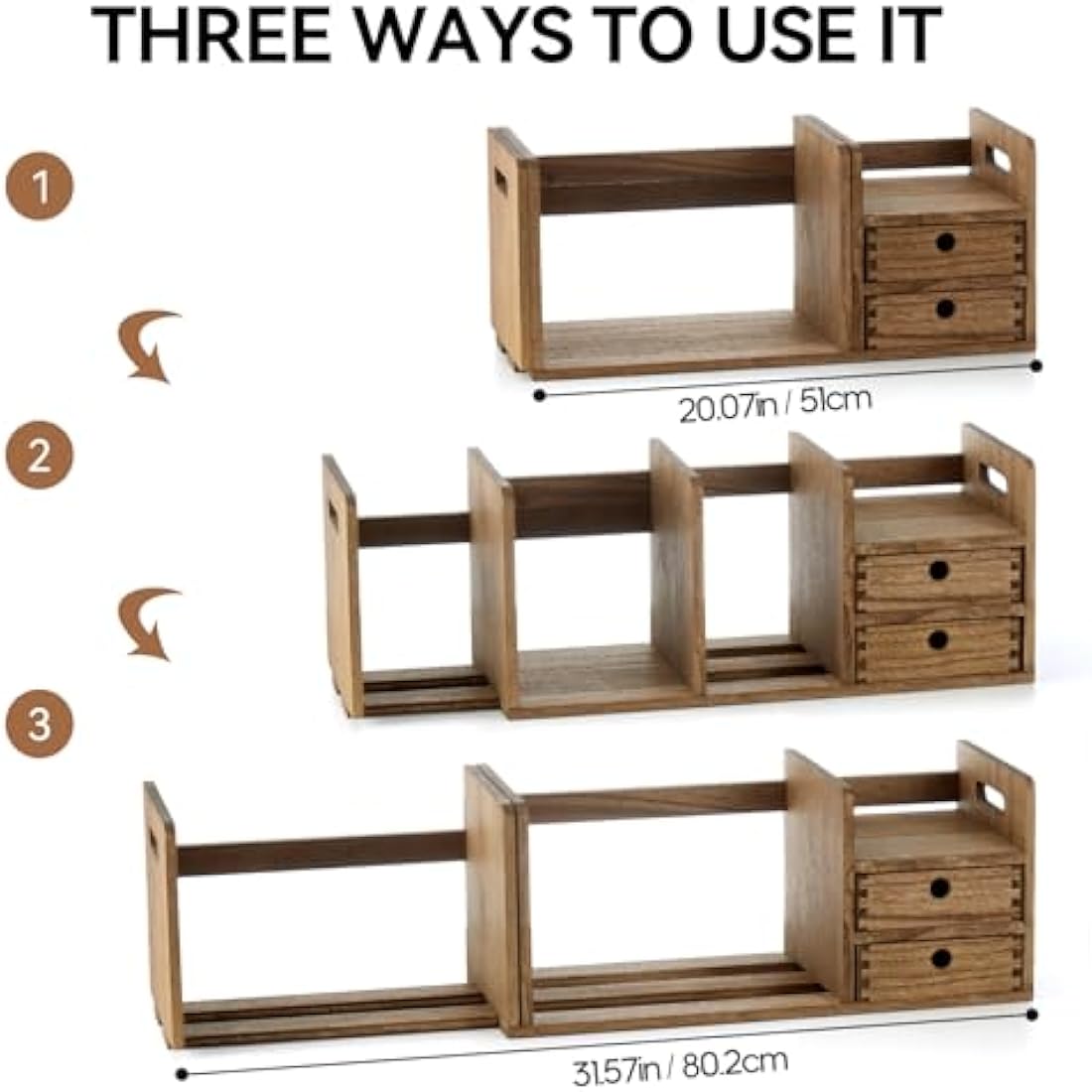 KIRIGEN Expandable Wooden Desktop Bookshelf with 2 Drawers | Solid Wood