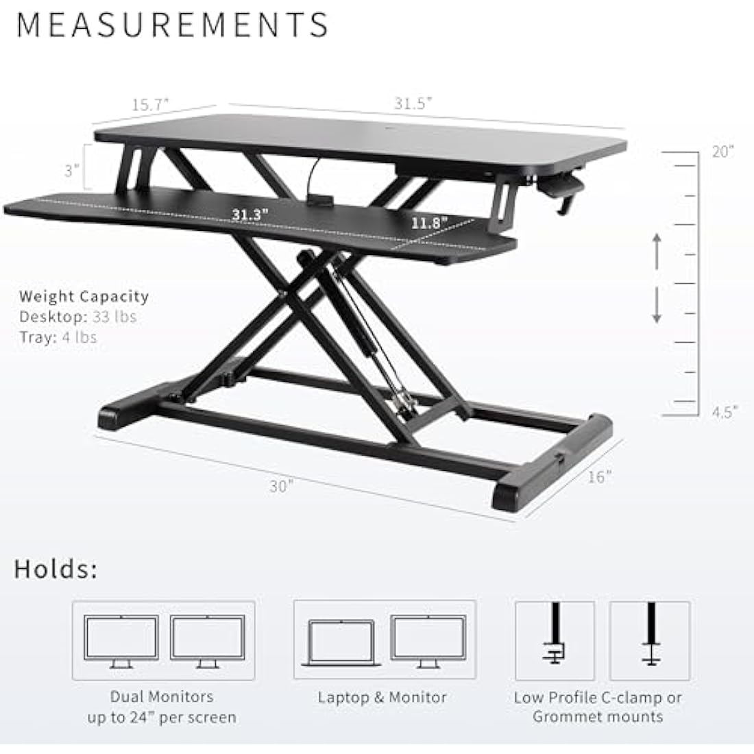 VIVO Standing Desk Converter | Height Adjustable Dual Monitor Riser - Black