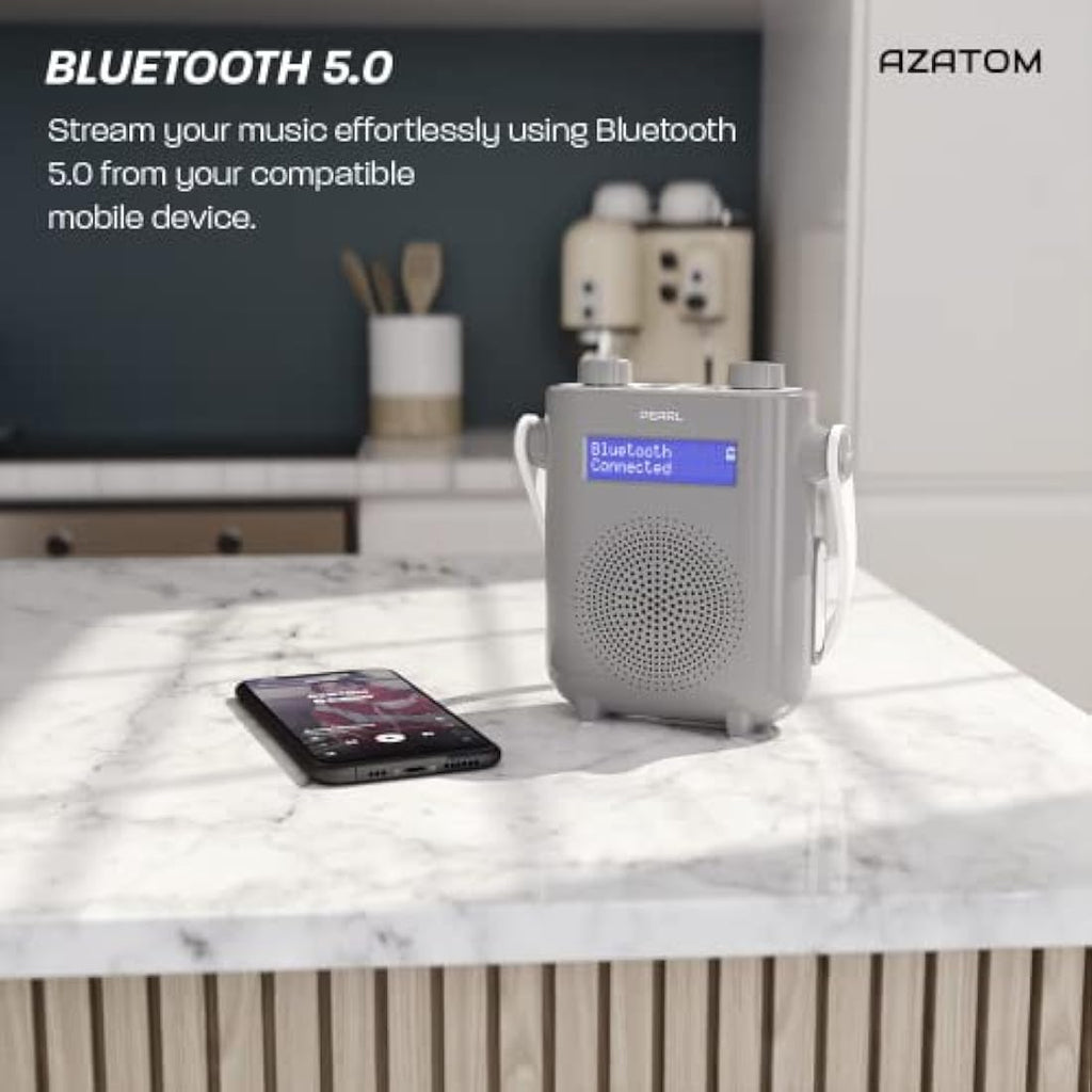 Azatom Pearl DAB/DAB+ Digital Shower Radio - IPX5 Waterproof Bluetooth - Grey