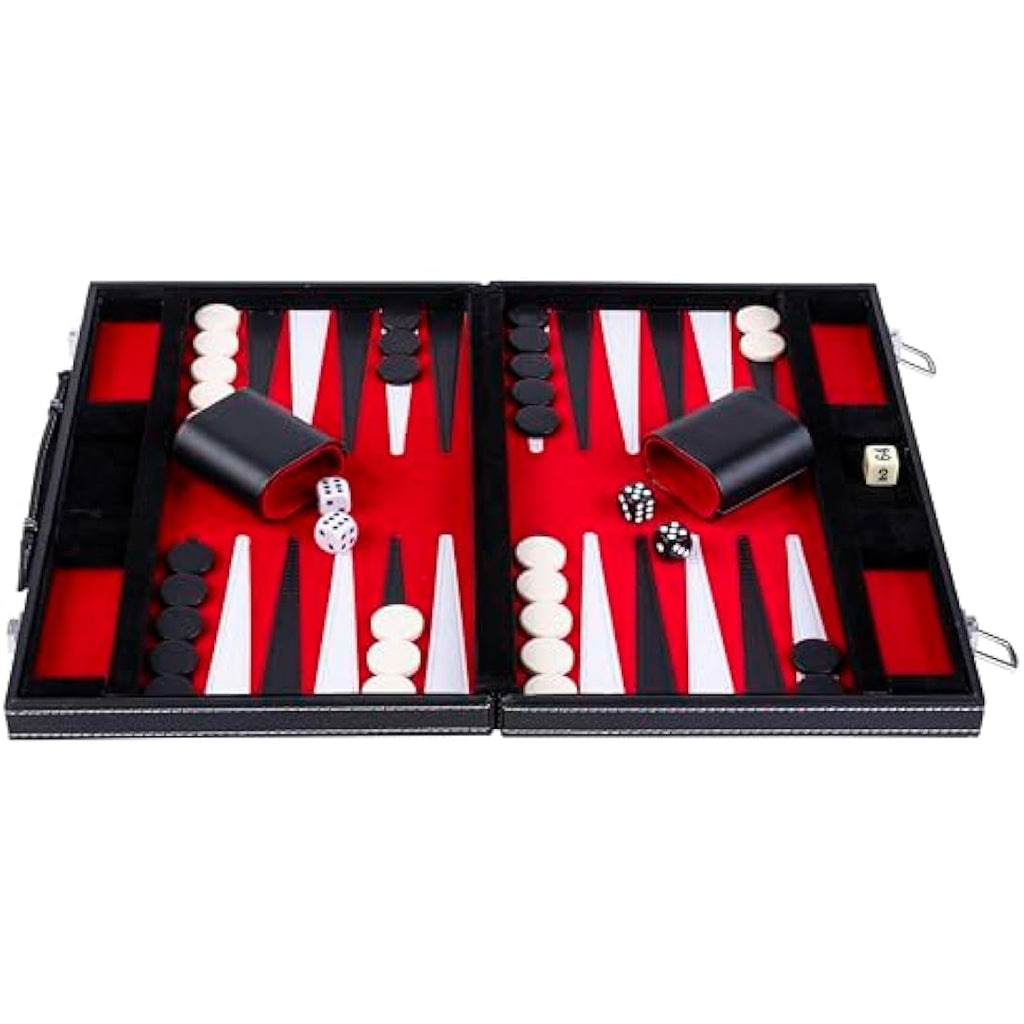 Engelhart 15" Backgammon Set – Faux Leather Travel Case with Felt Interior