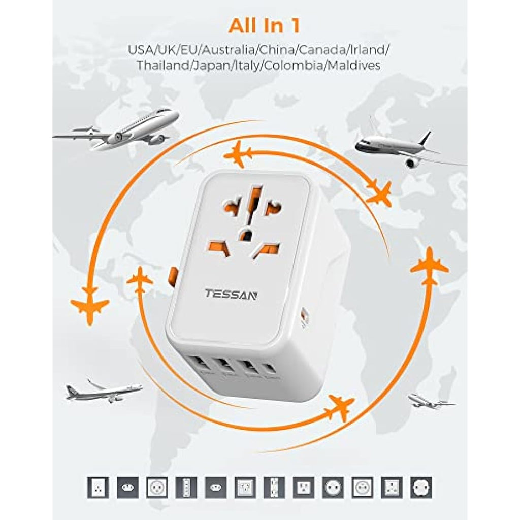 TESSAN Universal Travel Adapter | 45W USB C Fast Charging 6-in-1 Plug