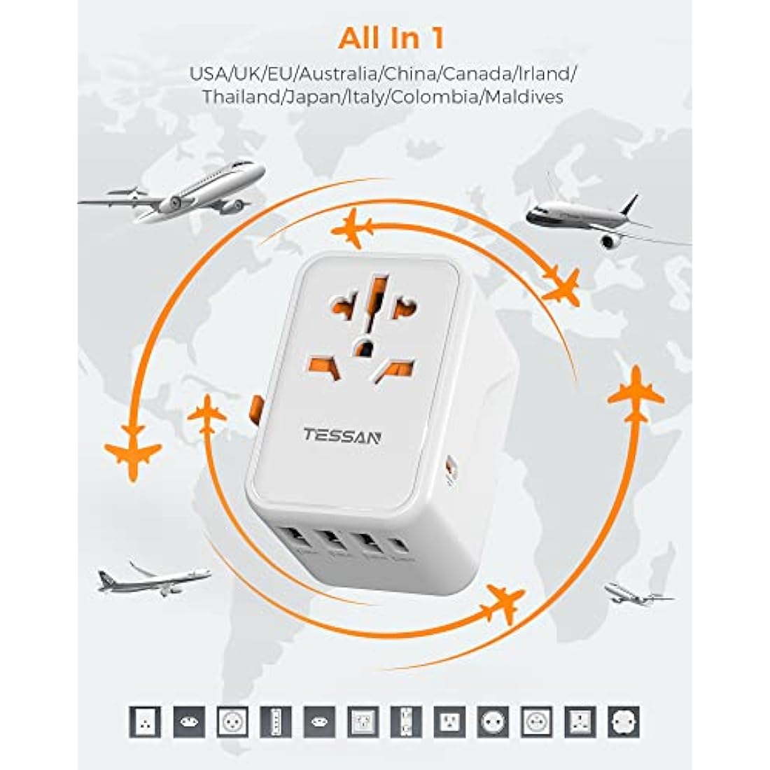 TESSAN Universal Travel Adapter | 45W USB C Fast Charging 6-in-1 Plug
