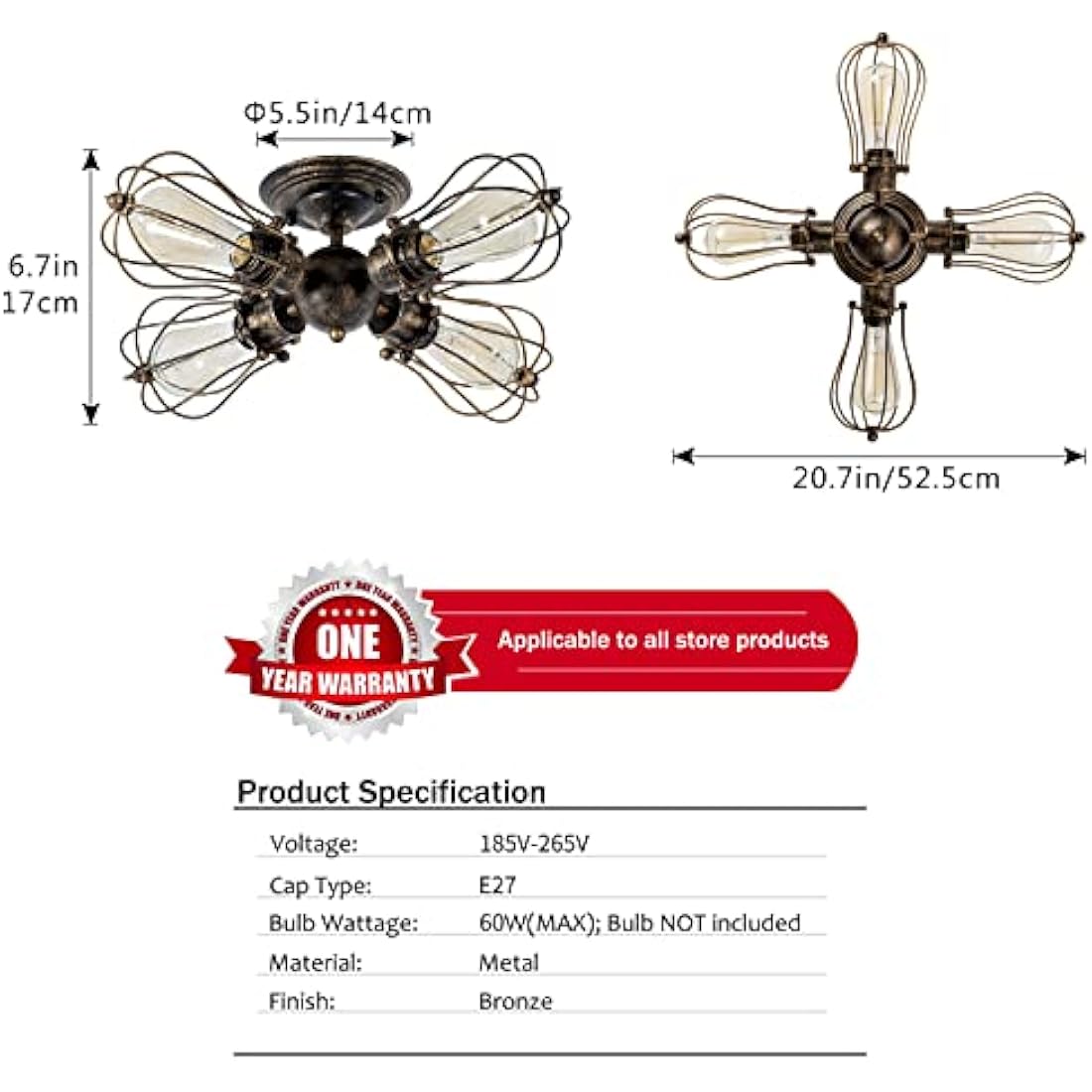 LULING Vintage Industrial Wire Cage Ceiling Light – 4-Light Bronze Chandelier