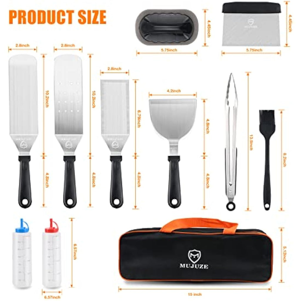 MUJUZE 14-Piece Stainless Steel Griddle Accessories Set with Carrying Case