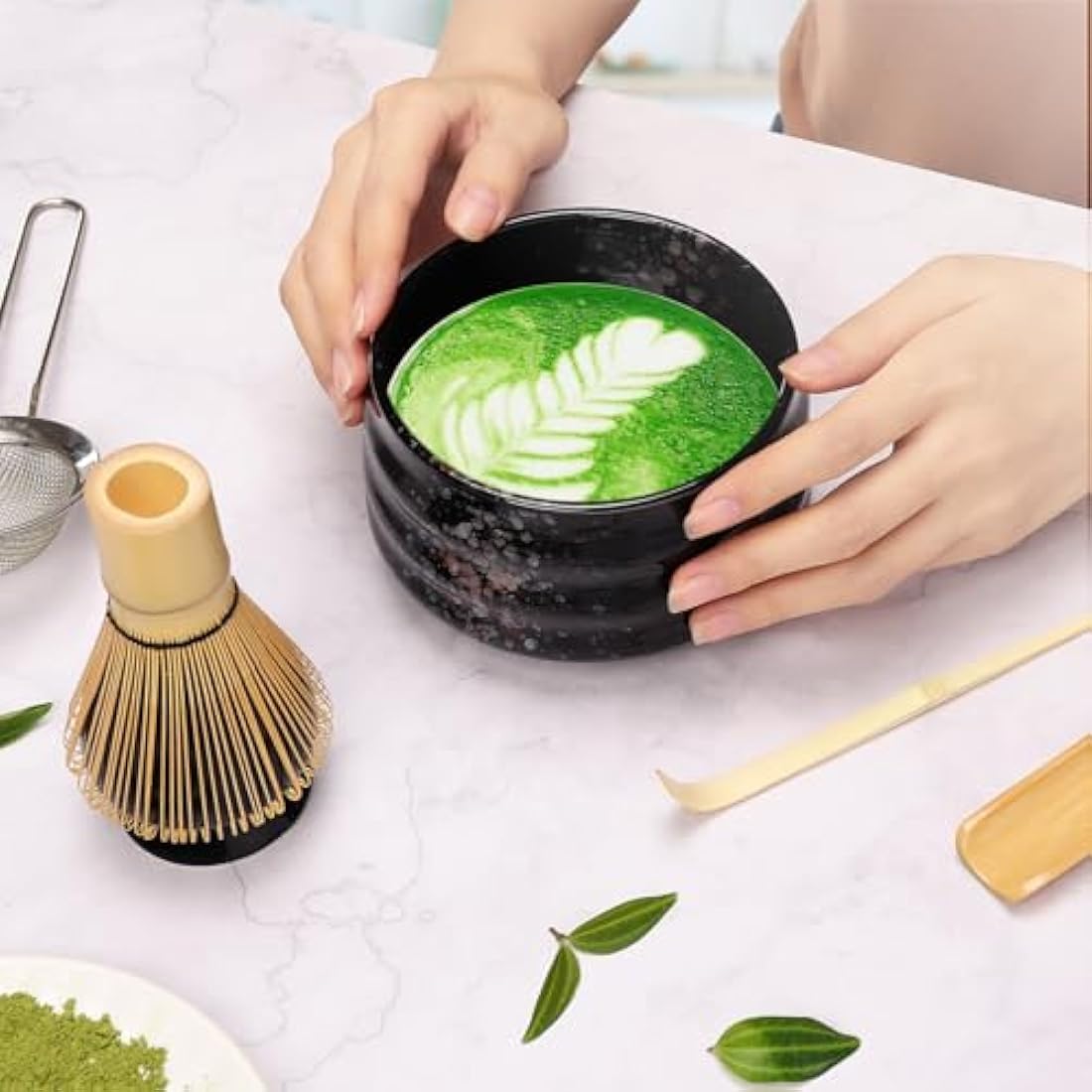 Geebuzz 6-Piece Matcha Whisk Set with Ceramic Bowl and Bamboo Whisk - Black