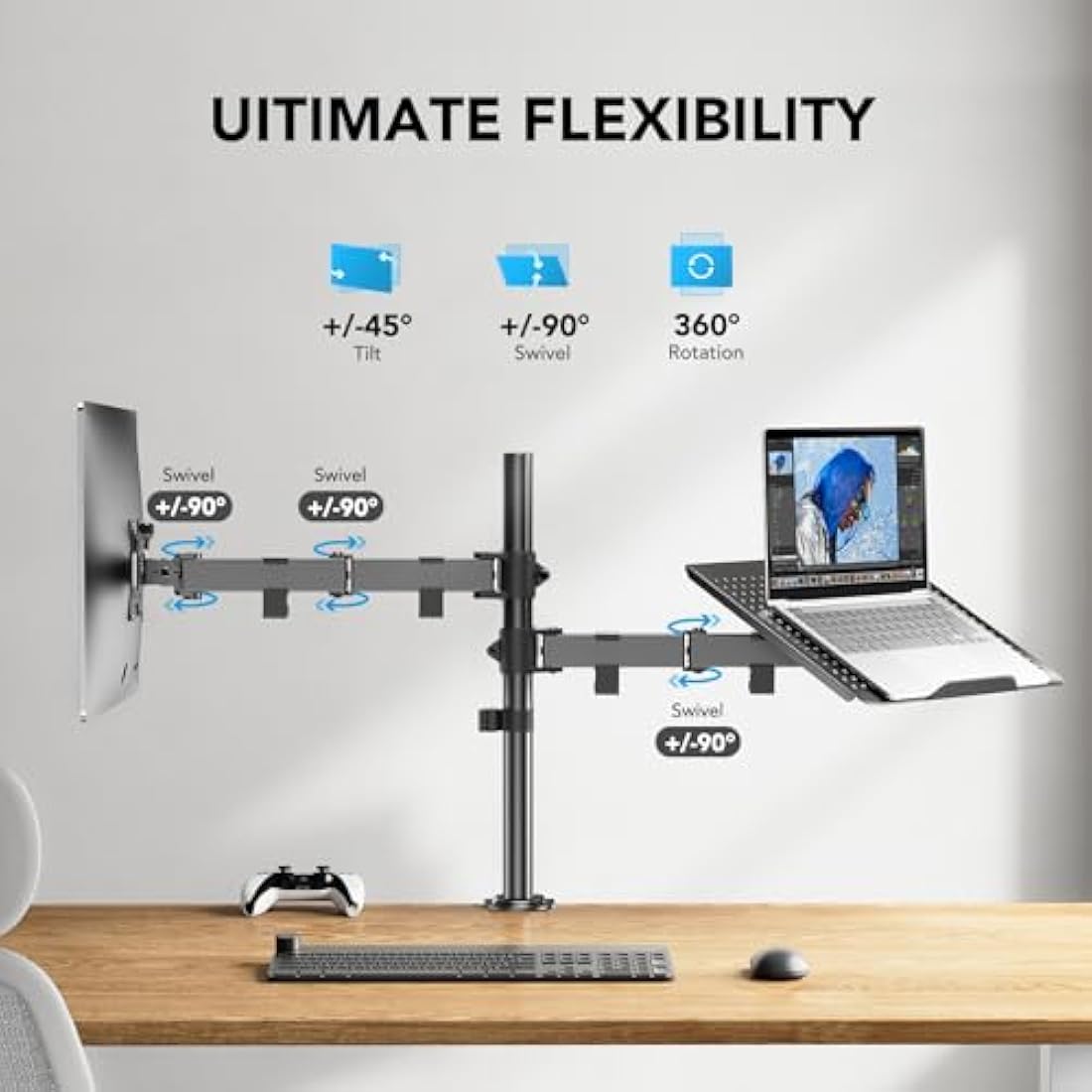 HUANUO Monitor Arm and Laptop Tray | Dual Desk Mount for 13-32" Screens