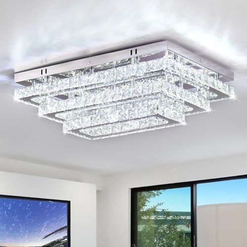 Finktonglan Modern Crystal LED Ceiling Light | 20” Rectangular Flush Mount