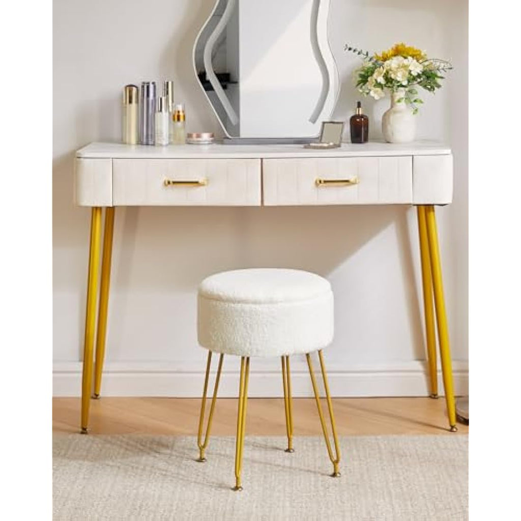 IBUYKE Teddy Velvet Storage Ottoman – Vanity Stool with Gold Legs, White