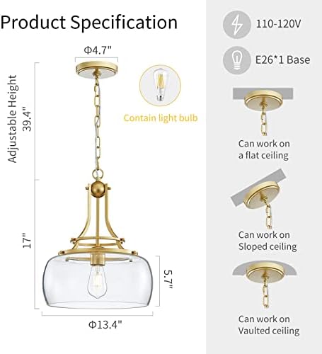 WUZUPS Industrial Gold Farmhouse Chandelier | Round Glass Pendant Light