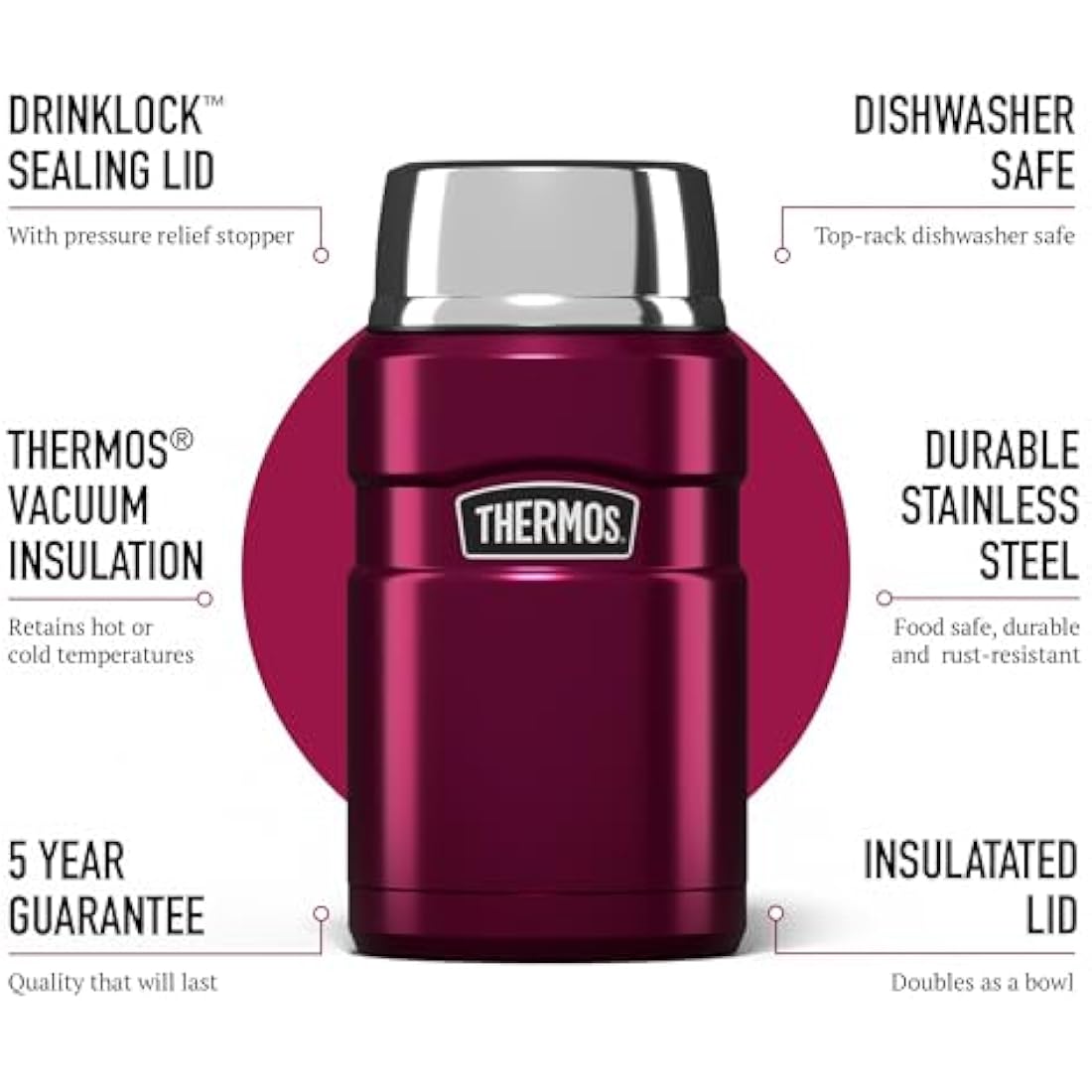 Thermos Stainless King Food Flask – 710ml Insulated Jar, Raspberry