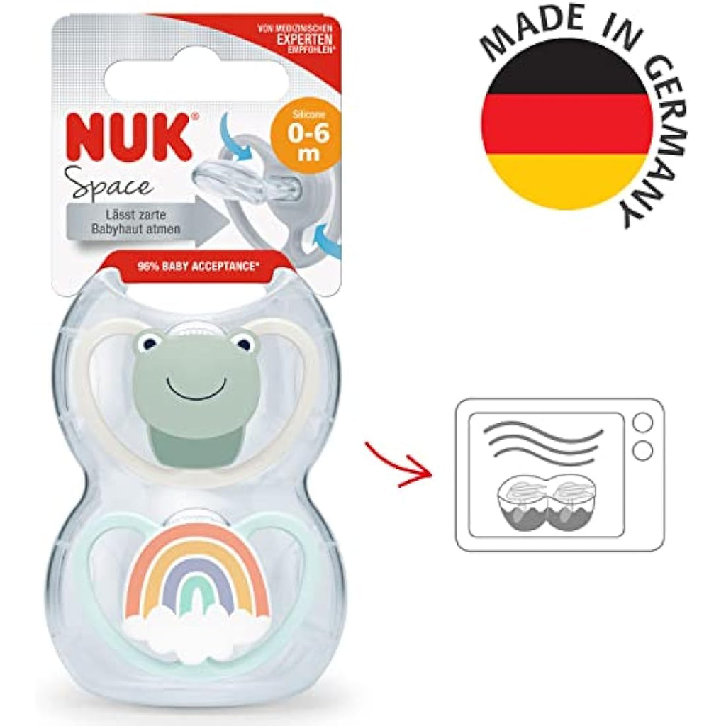 NUK Space Baby Dummy | 0-6m Silicone Soothers for Sensitive Skin | 2pk