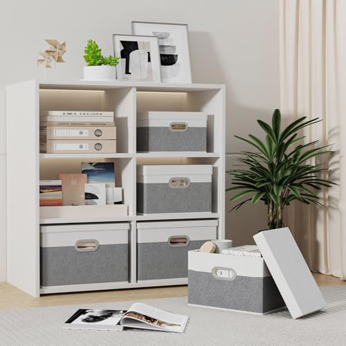 Yawinhe Collapsible Fabric Storage Bins with Lids - 3 Pack, White/Grey
