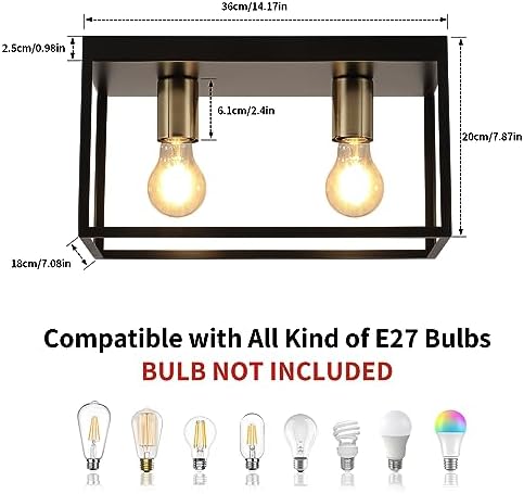 FORCOSO Industrial Black Ceiling Light – 2-Light Metal Cage Flush Mount