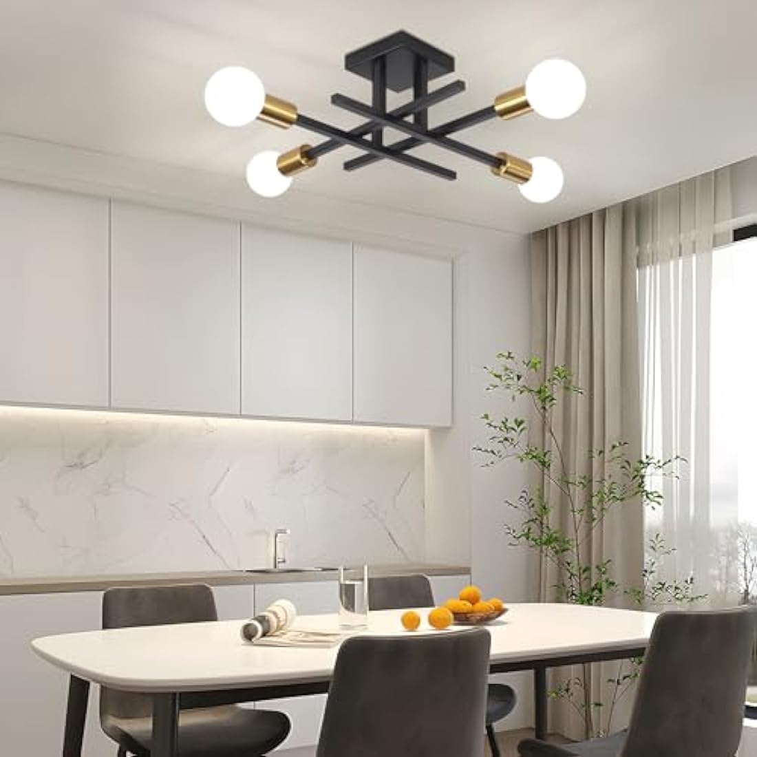 QAREHL 4-Light Modern Sputnik Chandelier – Black and Gold Metal Ceiling Light