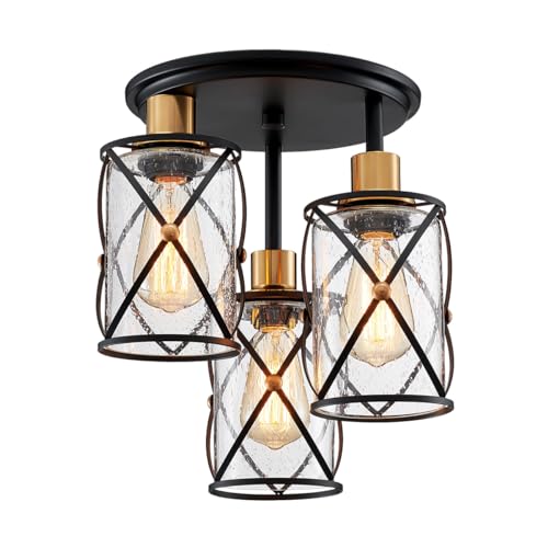 WUZUPS Industrial 3-Light Semi Flushmount Ceiling Light | Seeded Glass