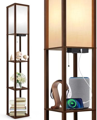 OUTON Shelf Floor Lamp with USB Ports | 3-Tier Wood Standing Lamp
