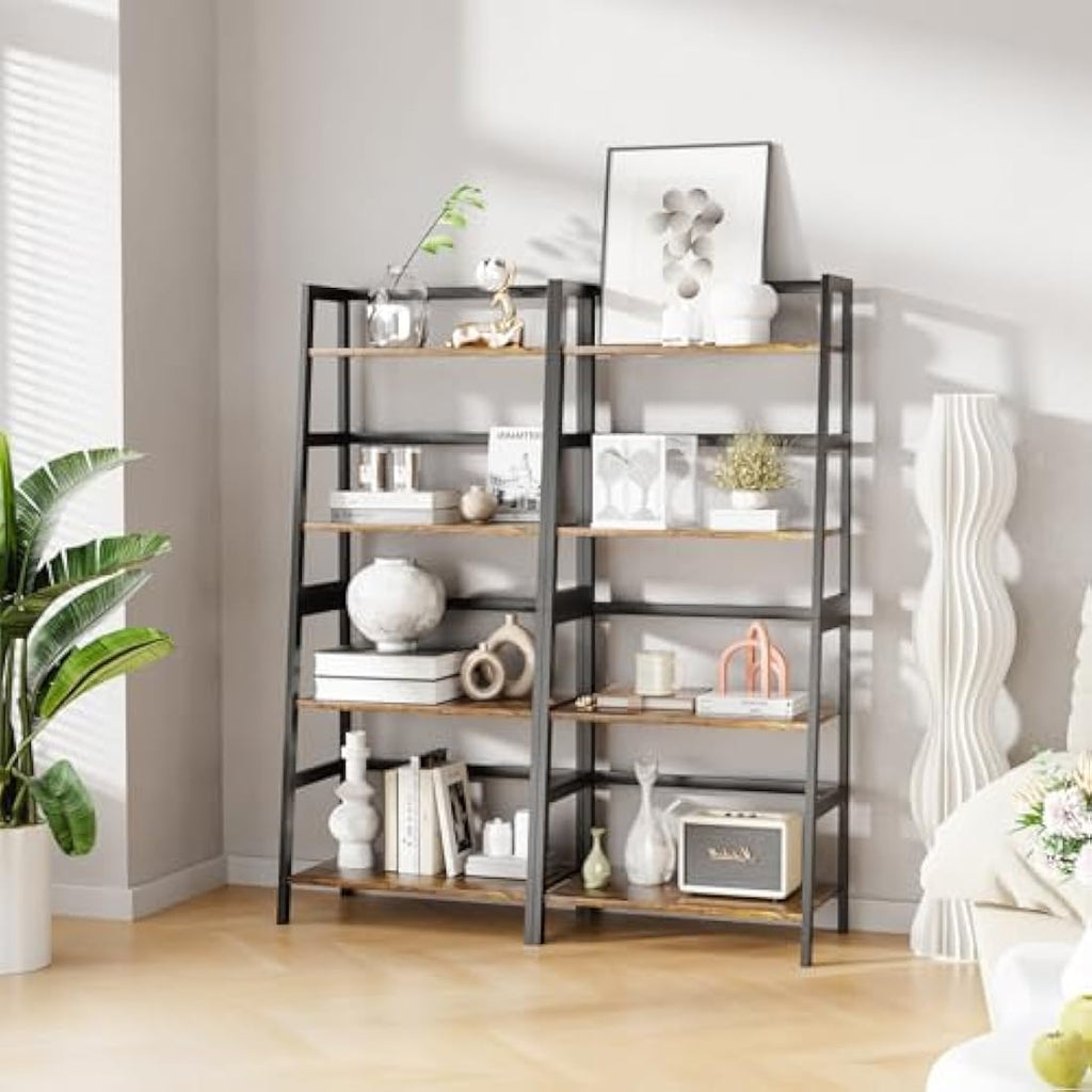 HITNET 4-Tier Ladder Shelf | Bamboo Frame Bookshelf in Rustic Brown