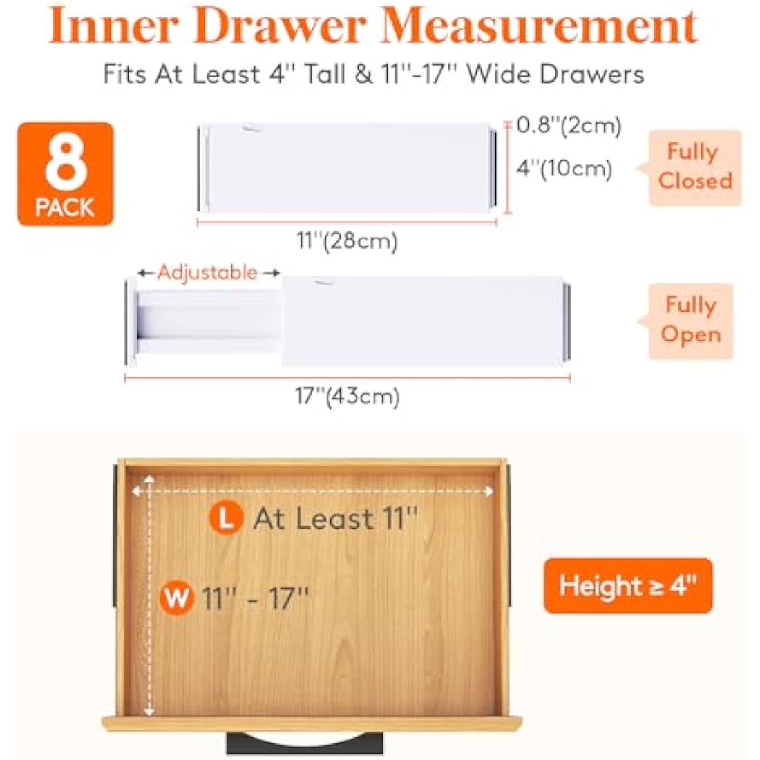 8 Pack Adjustable Drawer Dividers | 11-17" Plastic Organizers