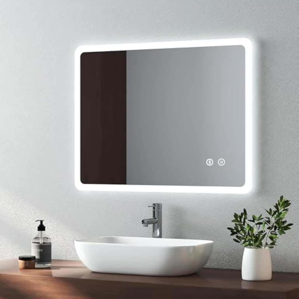 EMKE LED Bathroom Mirror with Bluetooth, Shaver Socket & Demister - 450x600mm