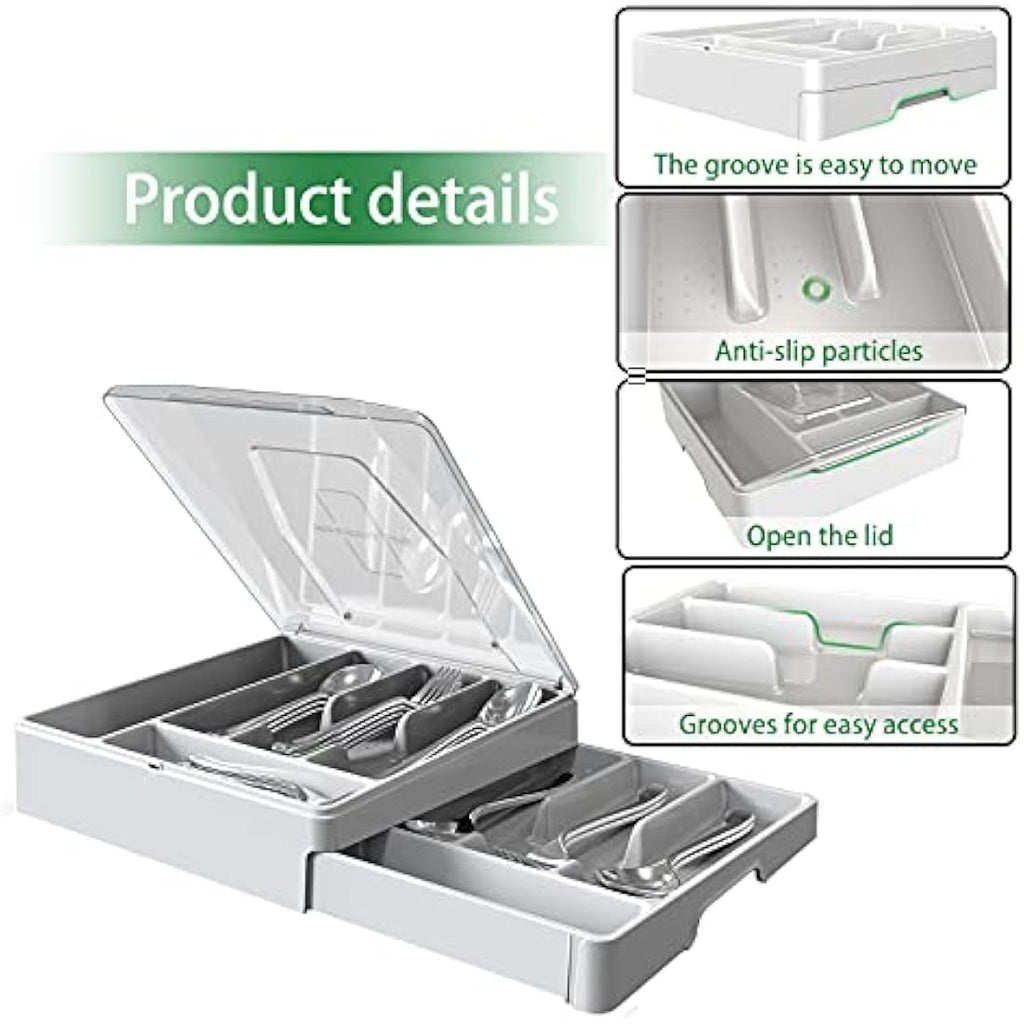 WURDON 2-Tier Silverware Organizer with Lid – 9 Compartment Cutlery Tray