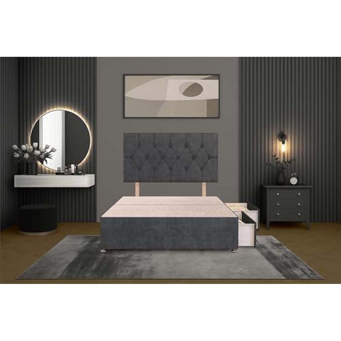 Charcoal Plush Fabric Divan Bed Base with Matching Headboard