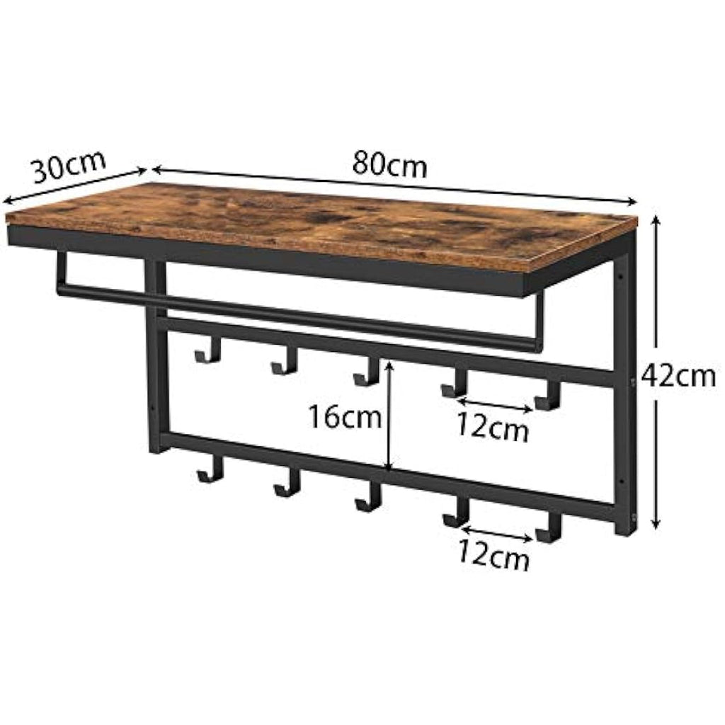 HOOBRO Wall-Mounted Coat Rack with 10 Hooks and Shelf – Rustic Brown