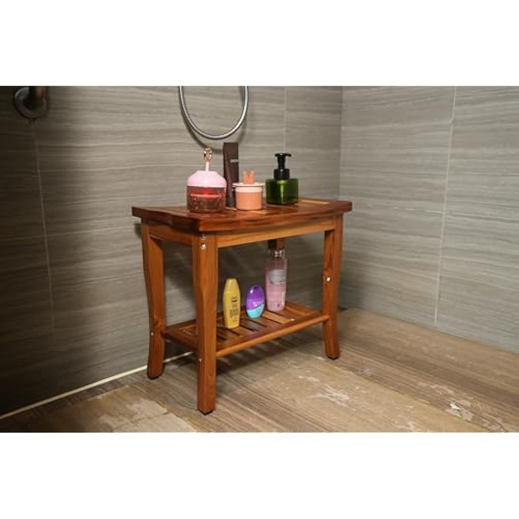 VaeFae Teak Shower Bench – Waterproof Wooden Spa Stool with Shelf