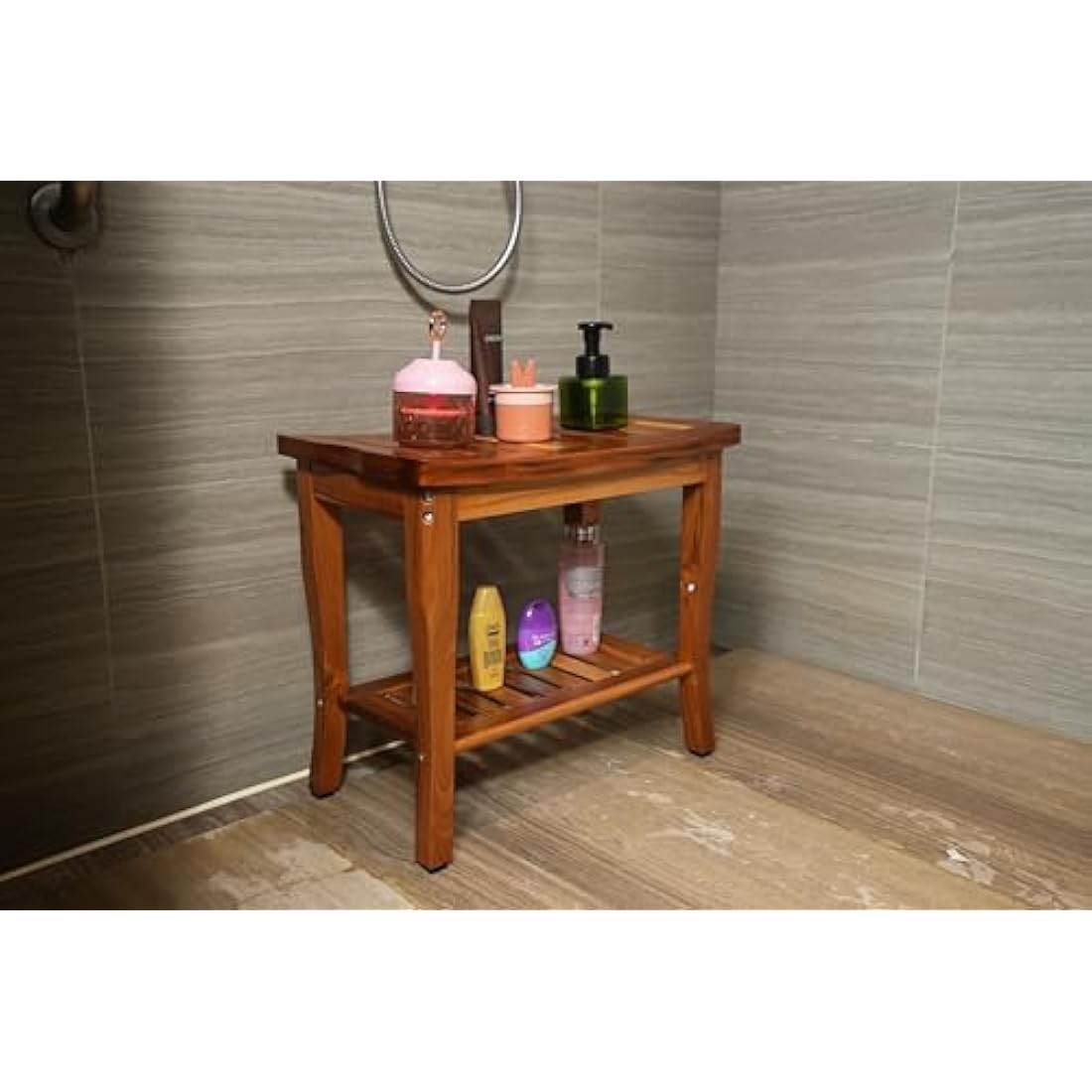 VaeFae Teak Shower Bench – Waterproof Wooden Spa Stool with Shelf