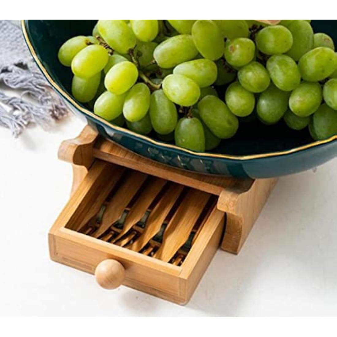 3-Tier Ceramic Fruit Bowl Set with Bamboo Stand – Dark Green