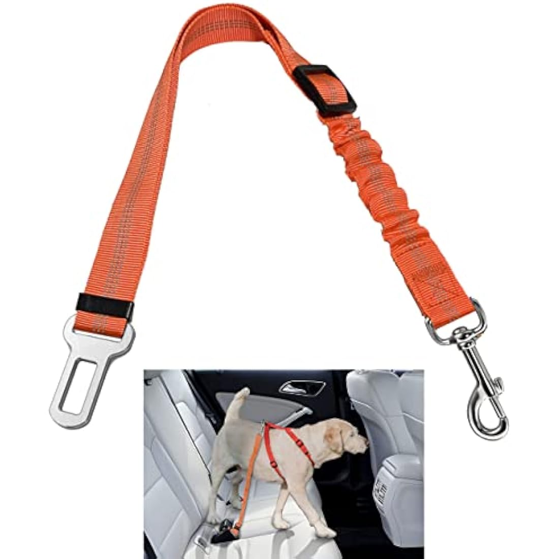 Dog Car Seat Belt – Adjustable Nylon Bungee Buffer, Orange, 2 Pack