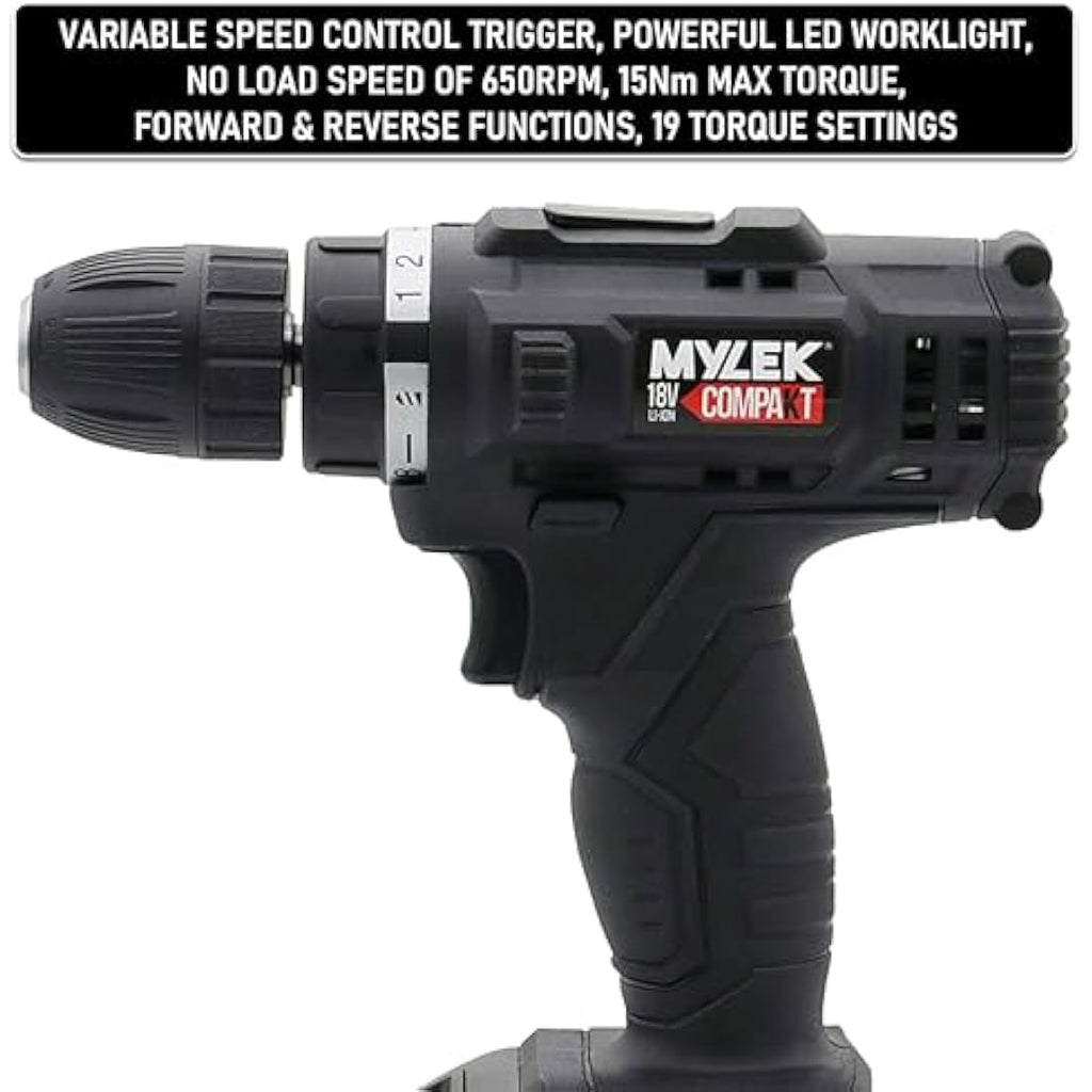 MYLEK 18V Cordless Drill & Electric Screwdriver Set with DIY Kit - Black