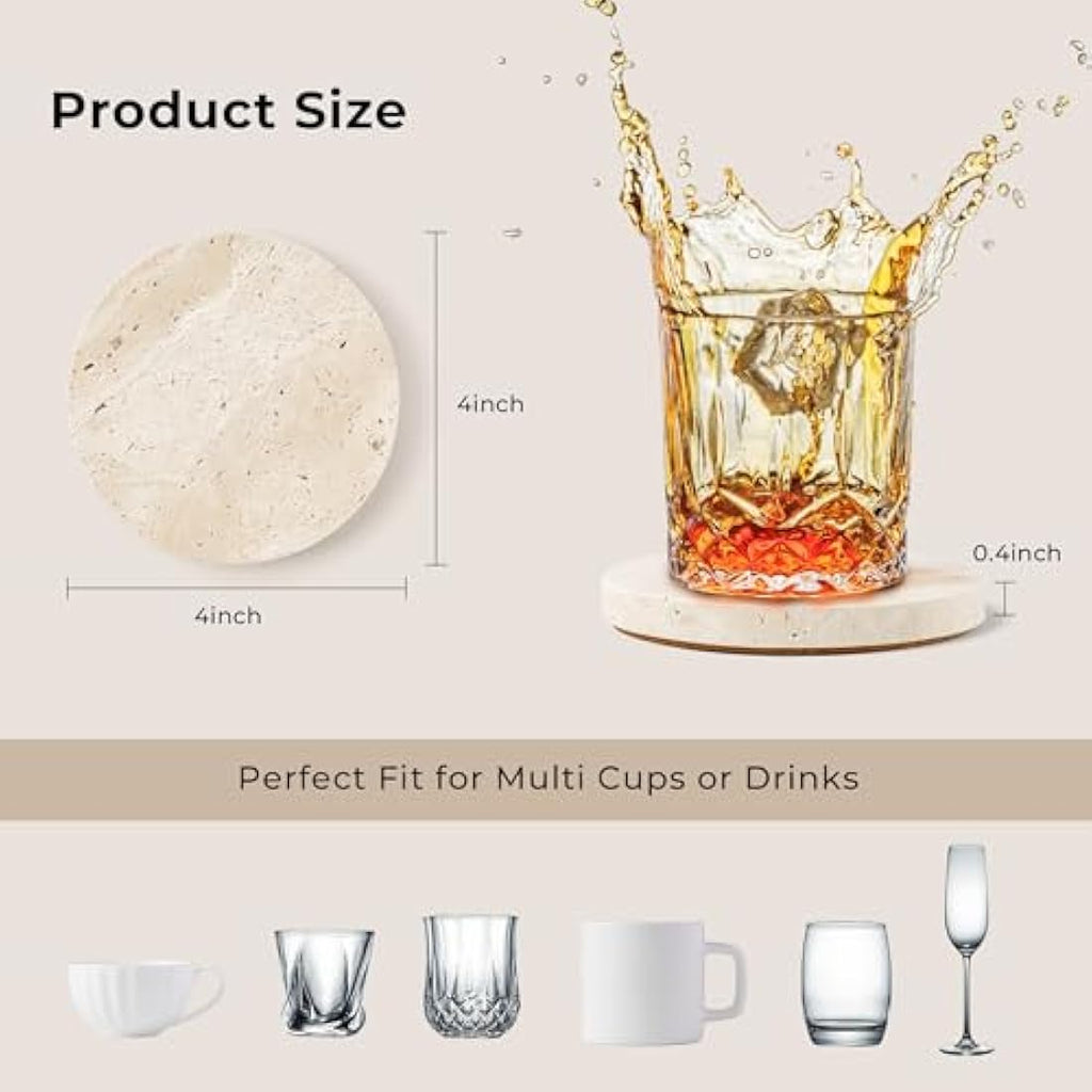WORHE Natural Travertine Marble Coasters - Set of 4 Round Beige Stone