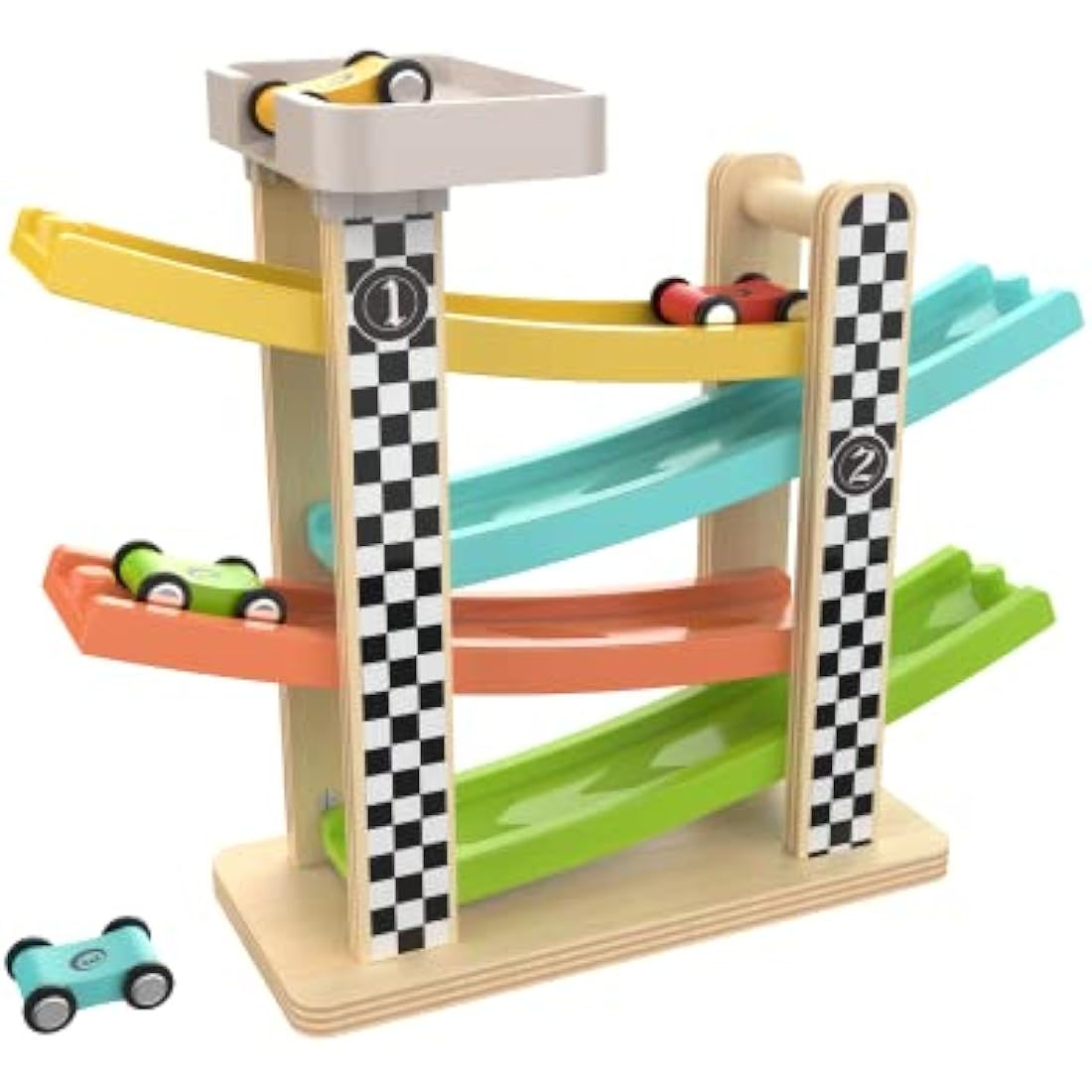 Top Bright Wooden Car Ramp Racer – Toddler Educational Toy with 4 Cars