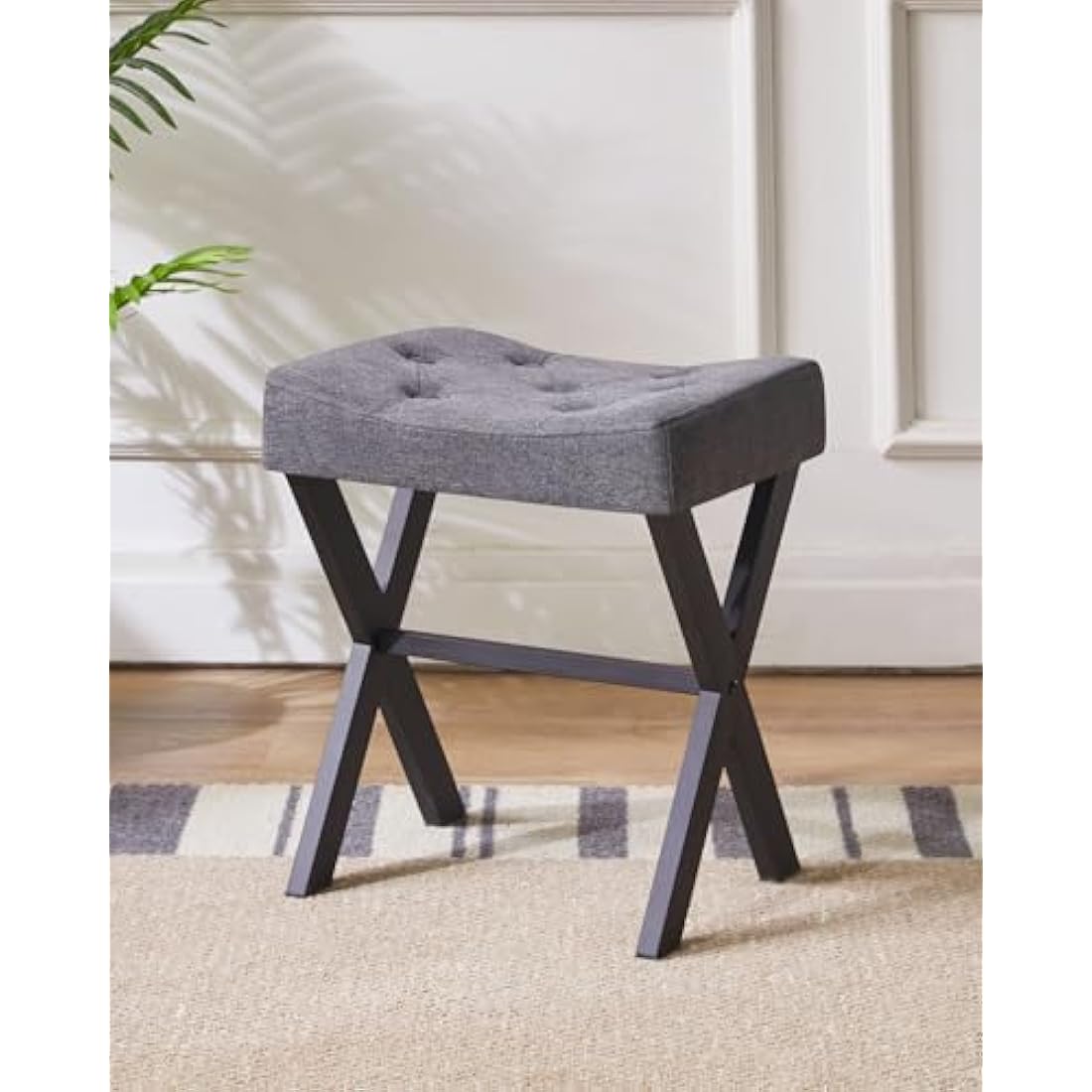 IBUYKE U-Shaped Linen Vanity Stool – Dark Gray Square Makeup Ottoman