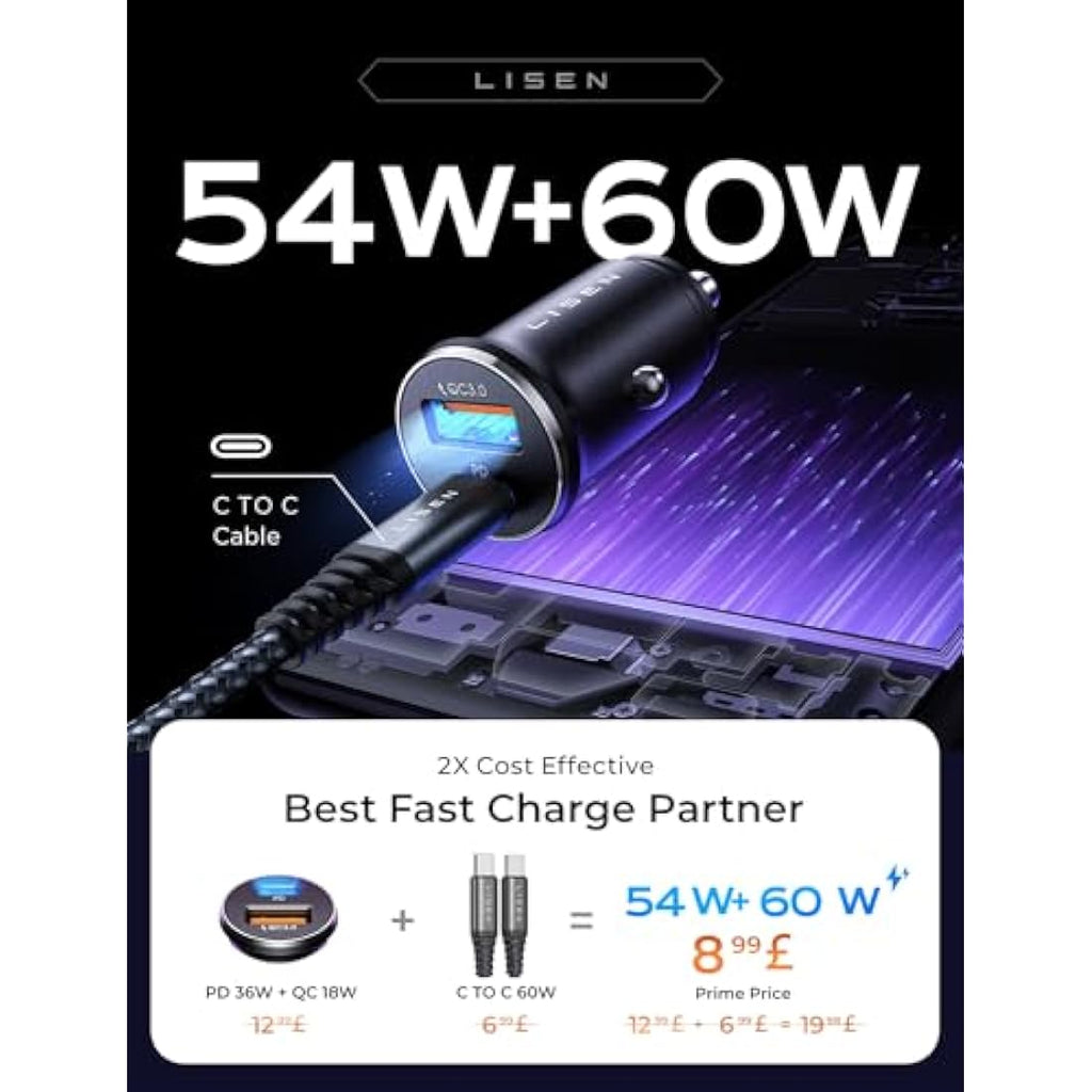 LISEN 54W USB C Car Charger Adapter | 60W Cable | PD 3.0 & QC 18W Dual Port