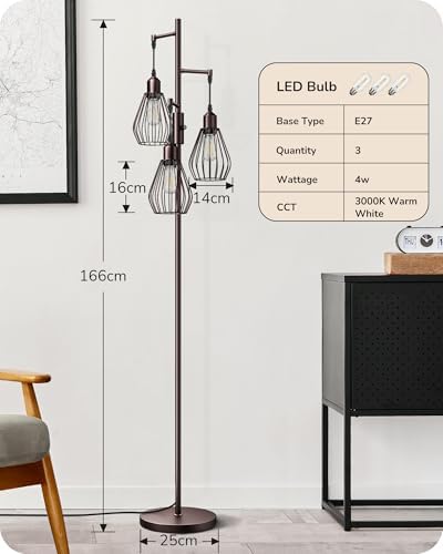 EDISHINE Industrial Dimmable Floor Lamp | 3-Light Tree Standing Lamp