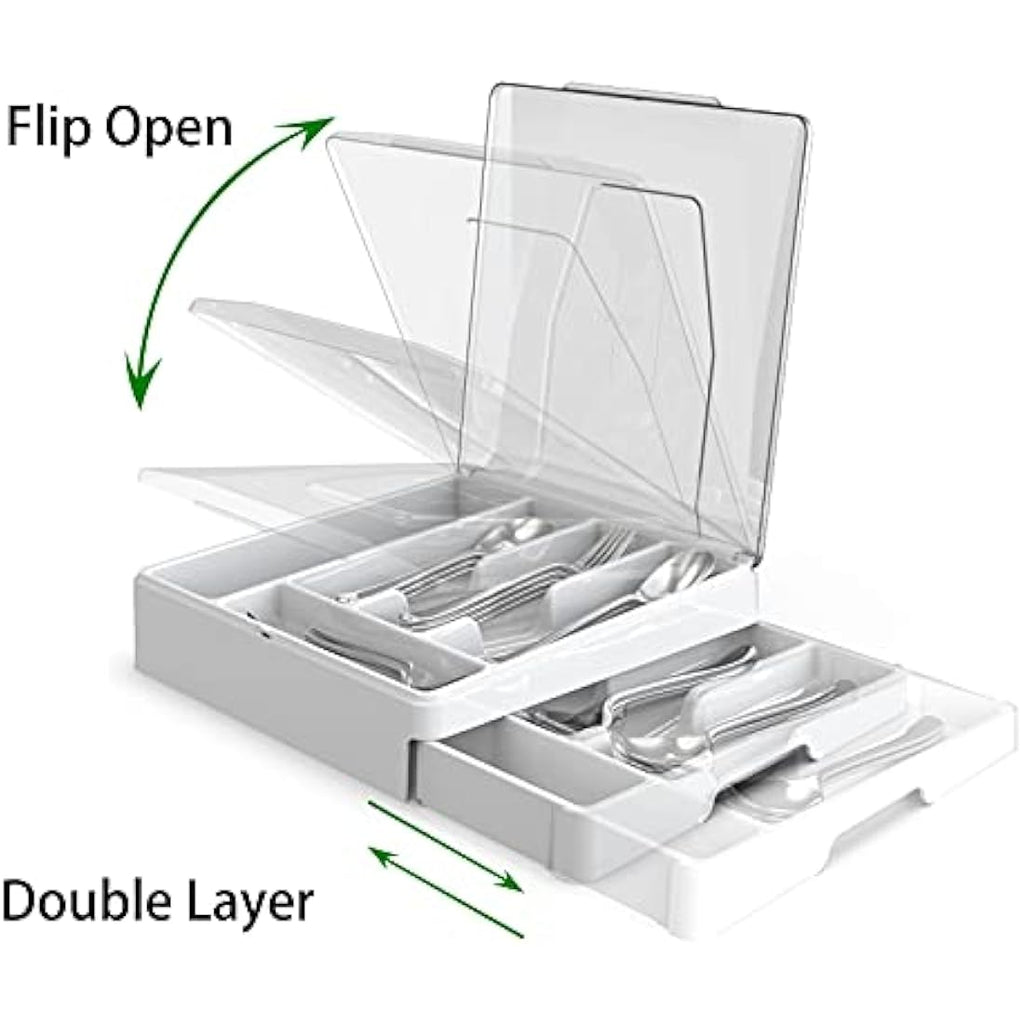 WURDON 2-Tier Silverware Organizer with Lid – 9 Compartment Cutlery Tray