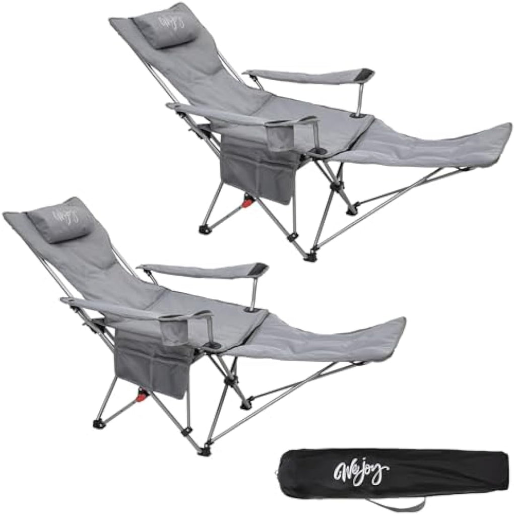 WEJOY Folding Reclining Camping Chairs with Footrest, Grey Padded - Set of 2