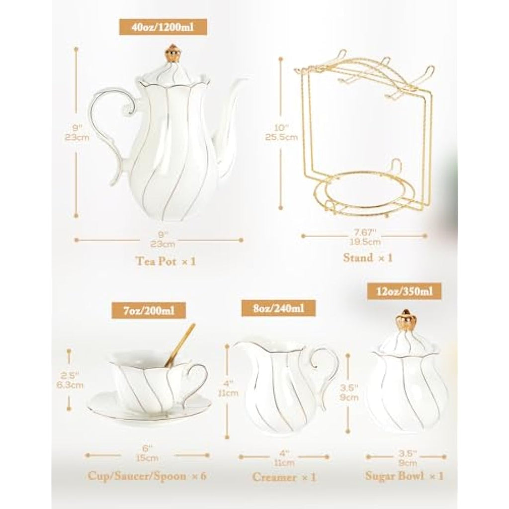 DUJUST 22-Piece White Porcelain Tea Set | Luxury British Style with Stand