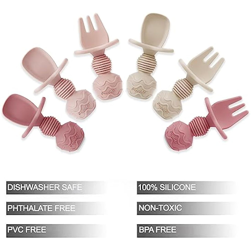 PandaEar Silicone Baby Spoons and Fork Set – Anti-Choke Self Feeding, Pink