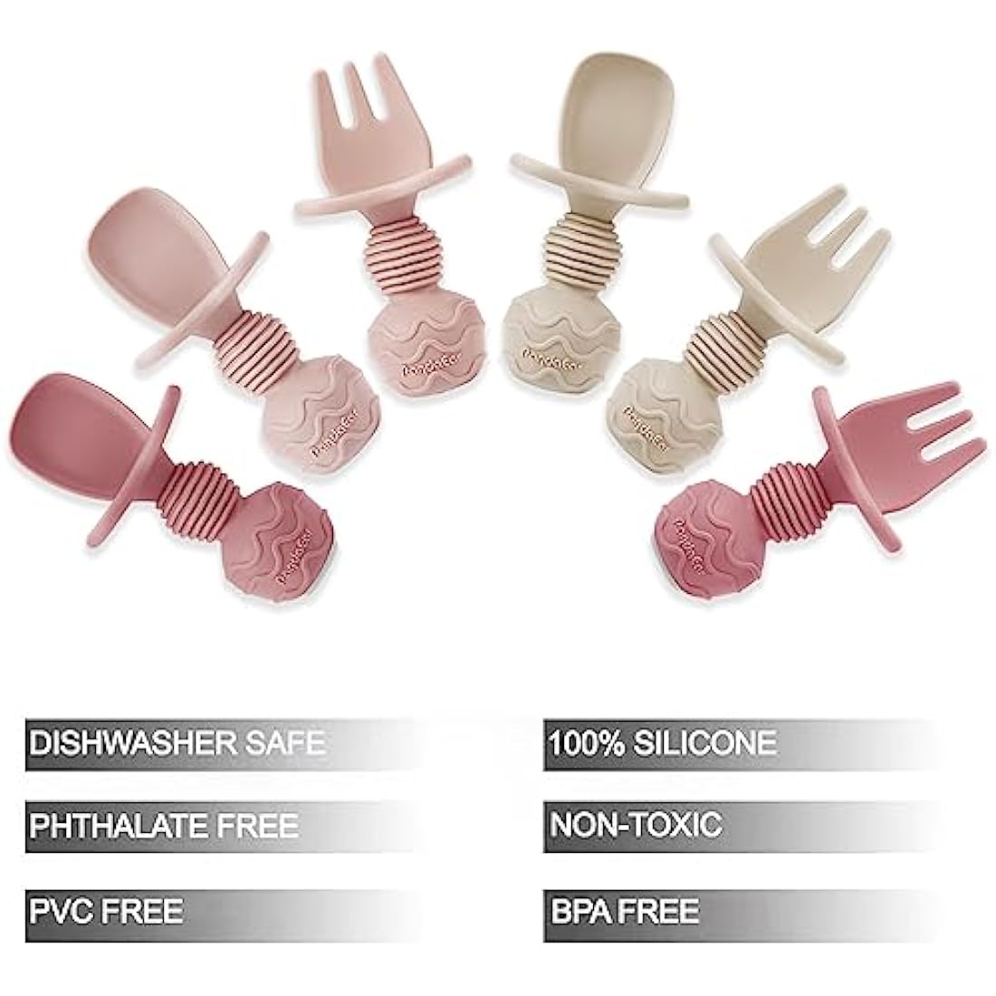 PandaEar Silicone Baby Spoons and Fork Set – Anti-Choke Self Feeding, Pink