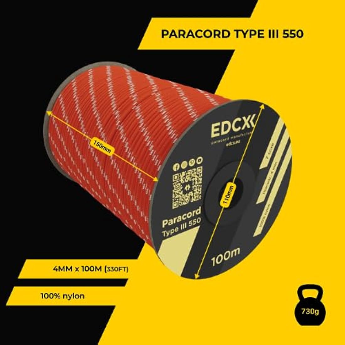 EDCX 550 Paracord – 4mm 7-Strand Nylon Rope for Camping & DIY, 15m
