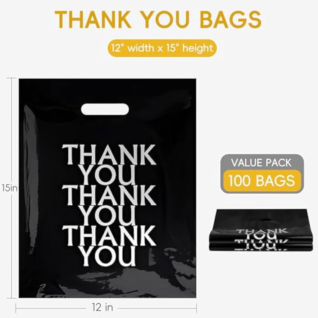 Jolof Store 100 Pack Black Thank You Carrier Bags - 30x38cm Retail Bags
