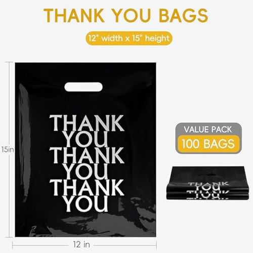 Jolof Store 100 Pack Black Thank You Carrier Bags - 30x38cm Retail Bags