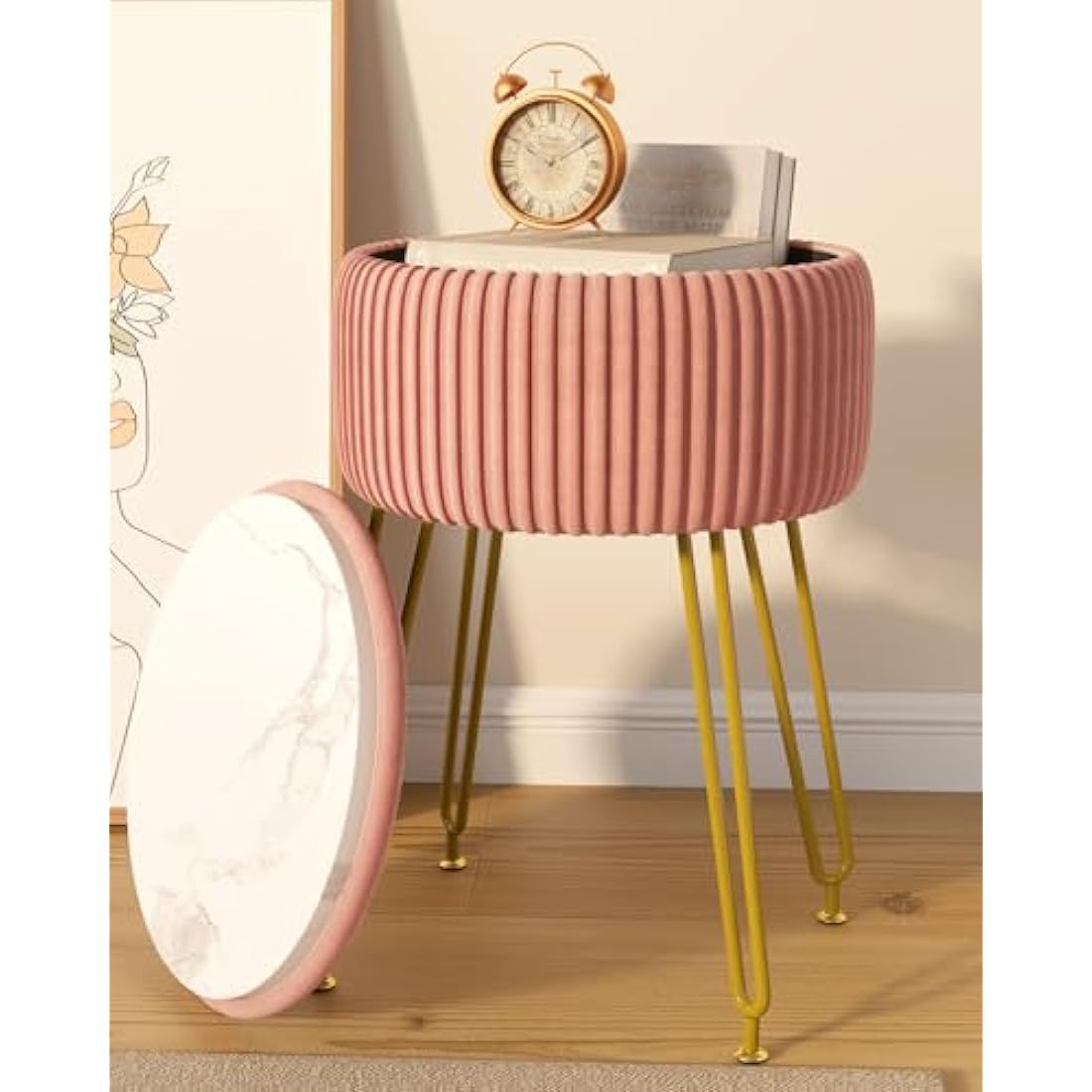 IBUYKE Velvet Storage Ottoman Stool with Gold Legs – Pink Vanity Chair