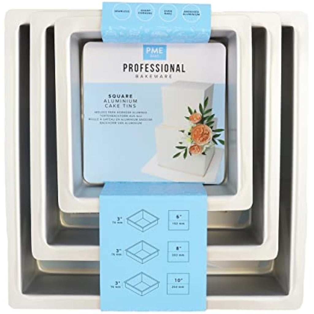 PME Square Cake Pans Set of 3 – Anodised Aluminium Baking Tins, Silver