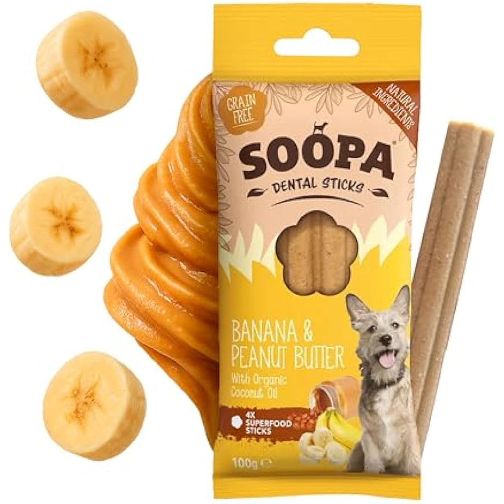 Soopa Grain Free Dental Dog Treats – Banana & Peanut Butter, 4 Sticks