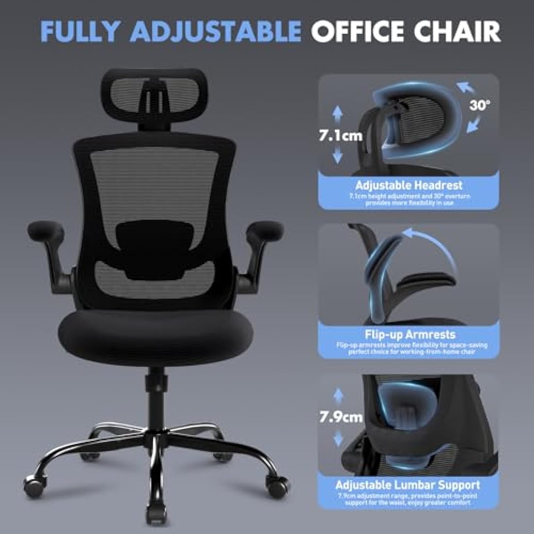 COLAMY Ergonomic Mesh Office Chair with Lumbar Support & Headrest – Black