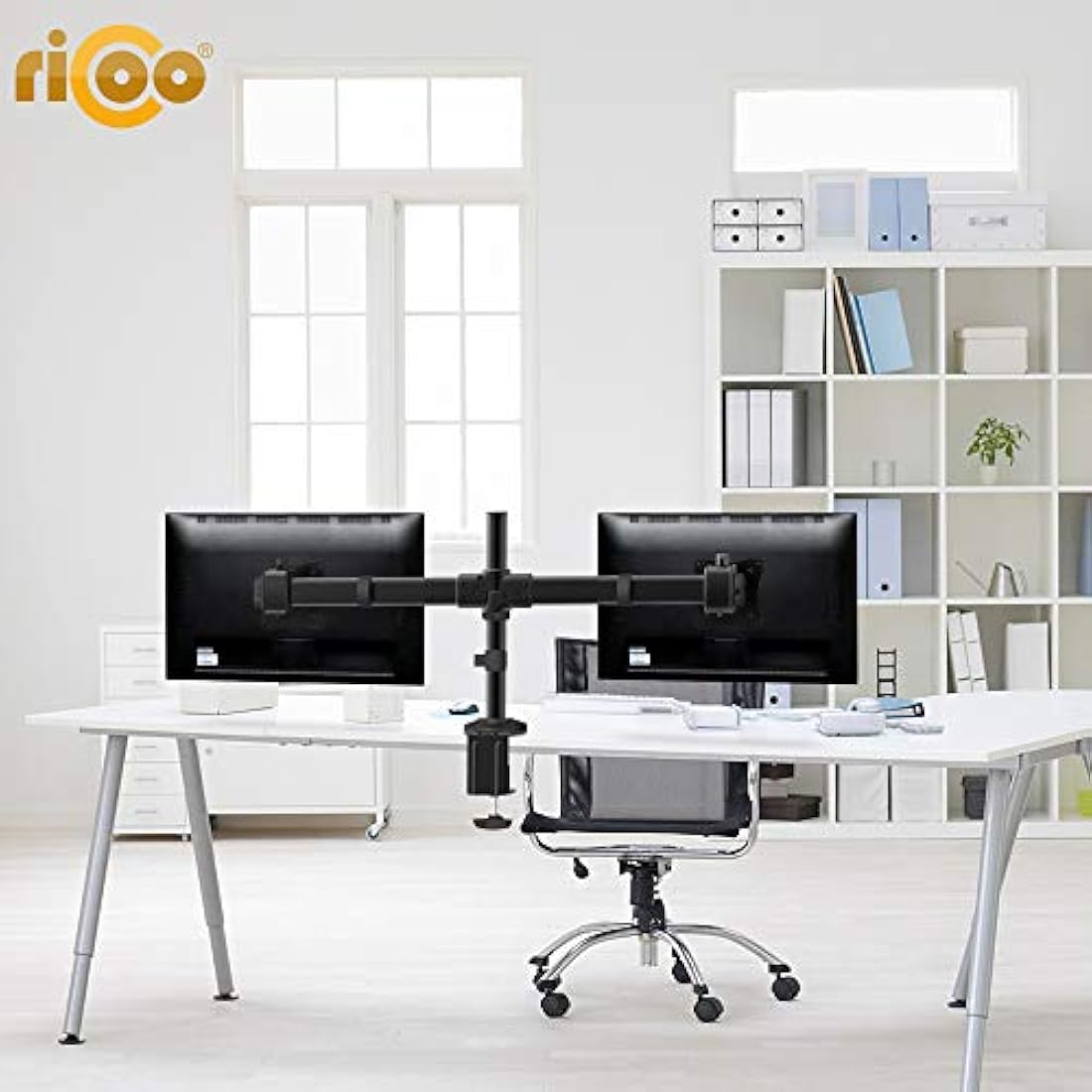 RICOO Dual Monitor Stand | 13-27 Inch VESA Desk Mount – Black