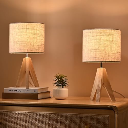 EDISHINE Wood Tripod Table Lamps Set of 2 | Beige Linen Bedside Lamps